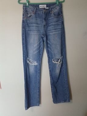 SONG Women's Straight Ripped Light Blue Jeans